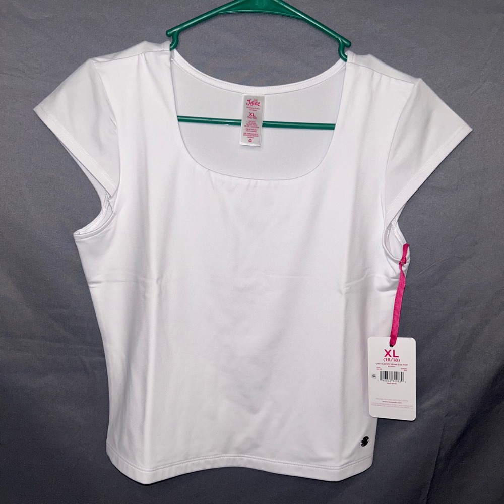 Justice Girls White Cap Sleeve Seamless Top Square Neck Shirt XL 16/18 NEW